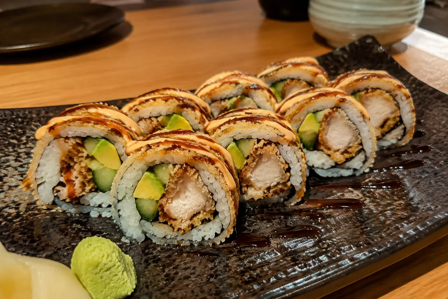 Cooked chicken katsu avocado cucumber Japanese fusion sushi rolls Cooked chicken katsu avocado cucumber Japanese fusion sushi rolls
