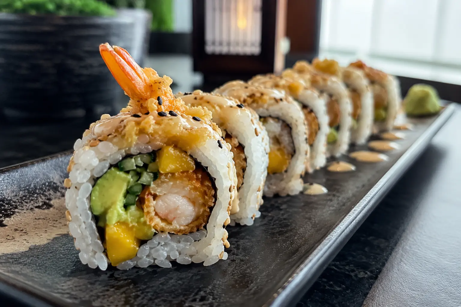 Crispy tempura prawn mango avocado Japanese fusion sushi rolls - Illustrative Image Crispy tempura prawn mango avocado Japanese fusion sushi rolls - Illustrative Image