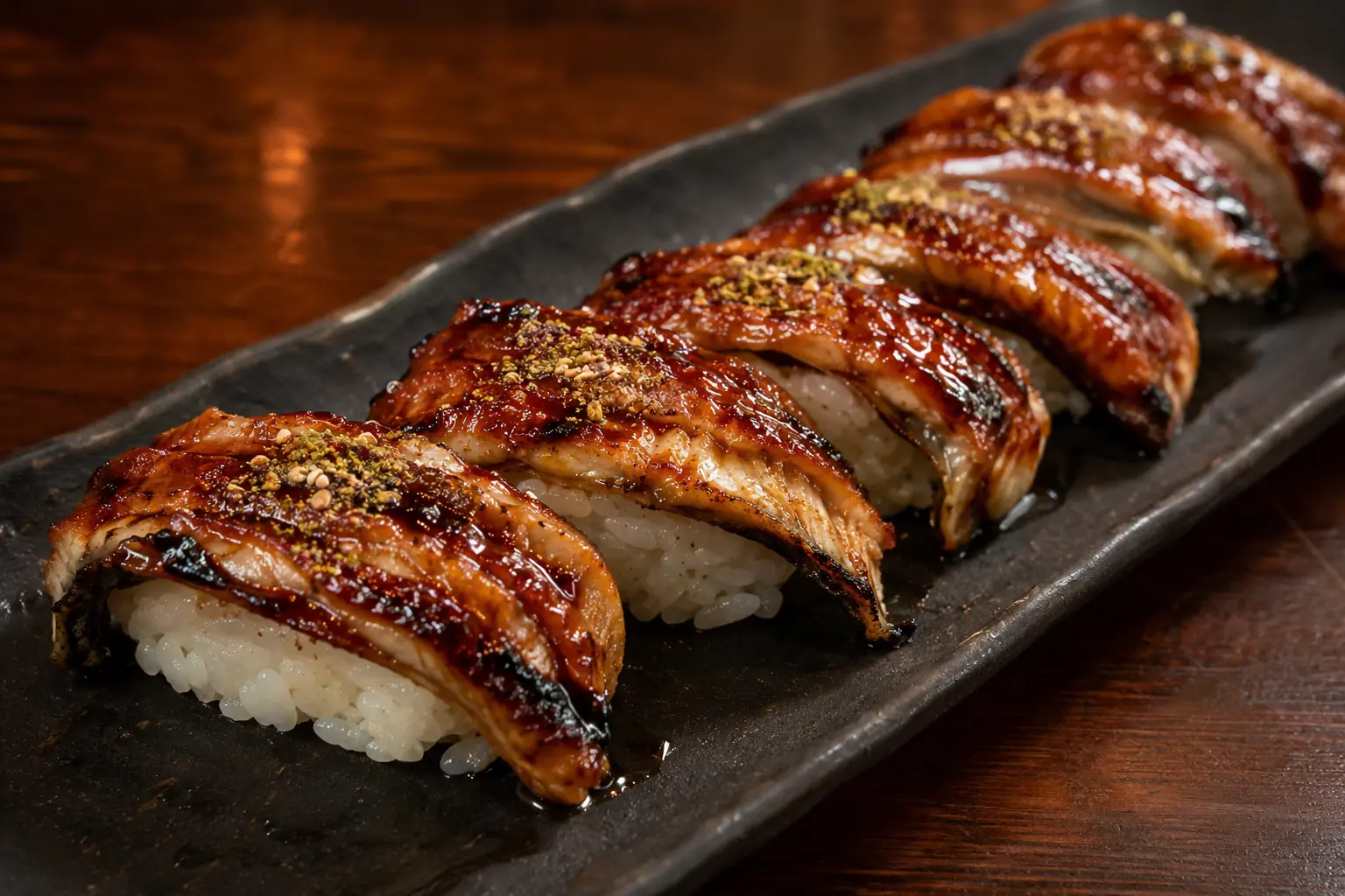 Glazed cooked eel aburi nigiri with sesame and sansho pepper - Illustrative Image Glazed cooked eel aburi nigiri with sesame and sansho pepper - Illustrative Image
