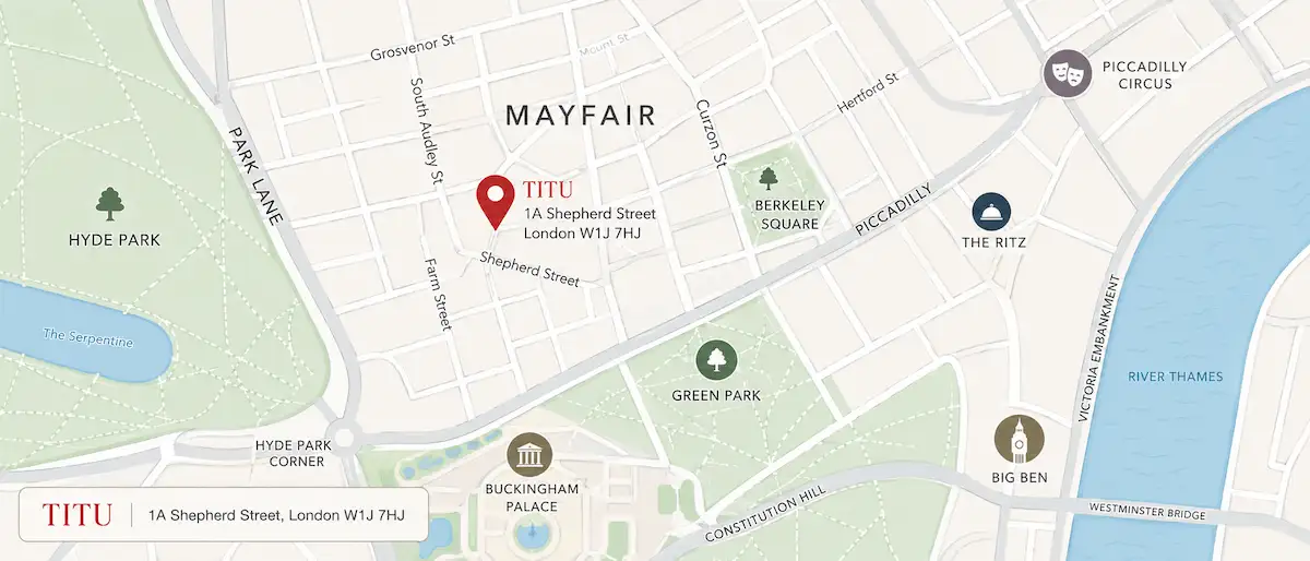 Illustrated map of Mayfair showing Titu on Shepherd Street, near Green Park and Hyde Park Corner
