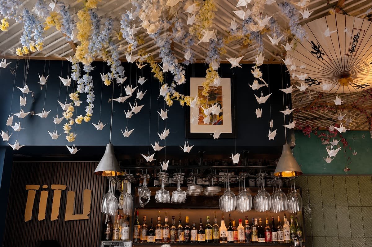 The bar beneath the origami crane ceiling at Titu, Shepherd Market