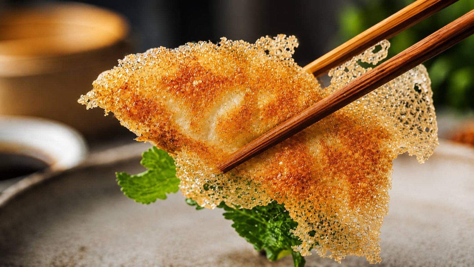 Five gyoza under a single golden crisp skirt on a blue plate at Titu