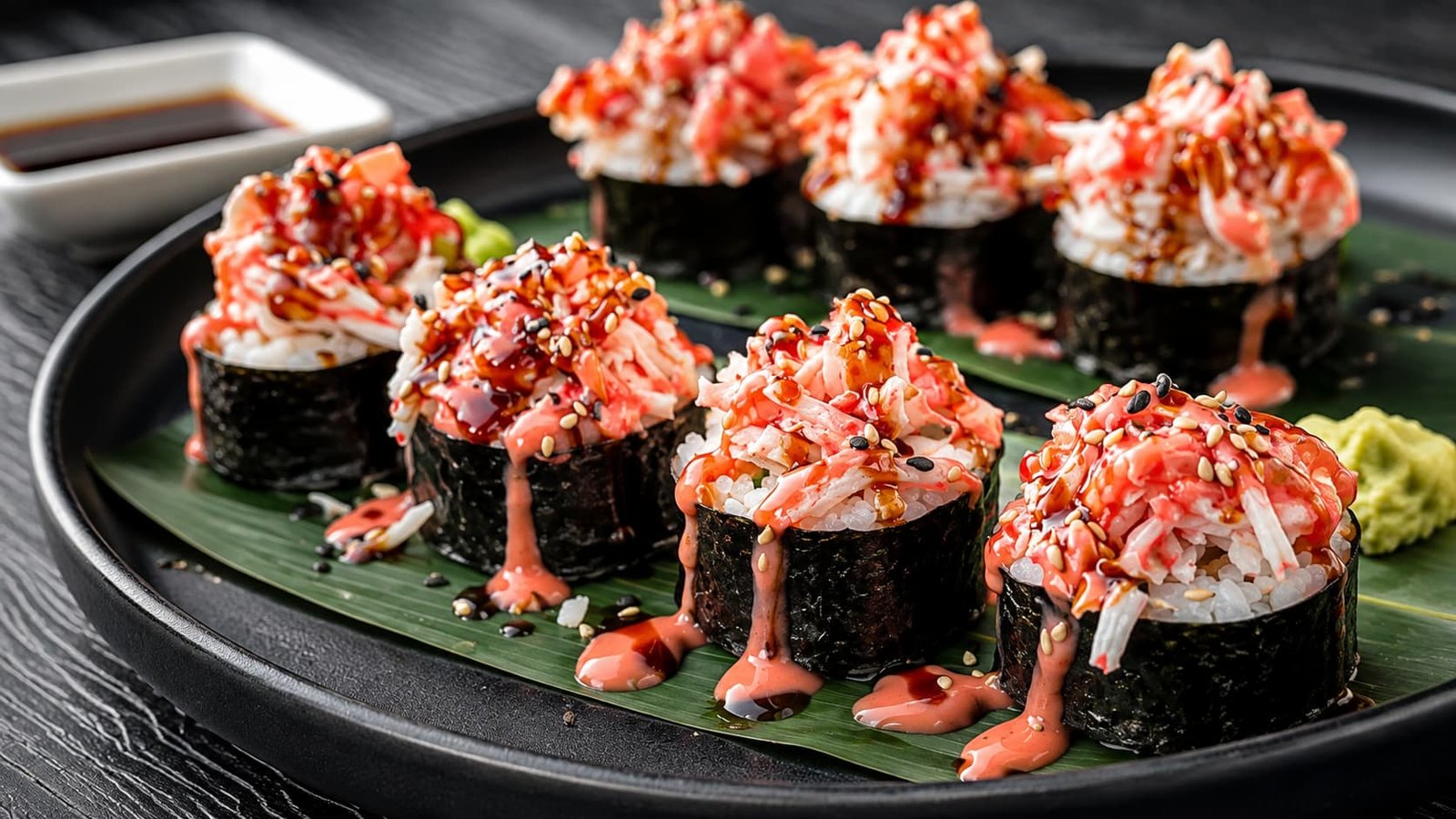Gourmet Crab Gunkan Sushi on Banana Leaf