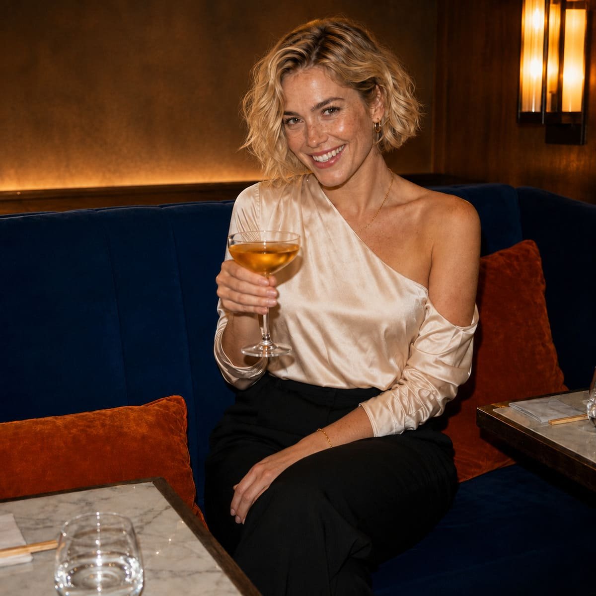 Guest with a cocktail in a velvet booth at Titu, Mayfair