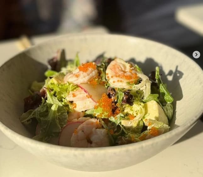 Prawn salad with avocado and leaves, Asian fusion dining London