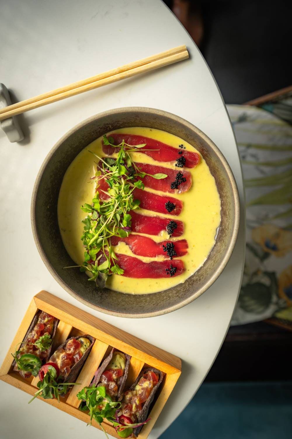 Seared beef tataki and tacos for party dining, Japanese fusion Mayfair